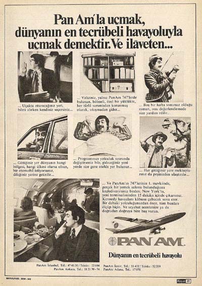 1974 A Turkish Language ad with service features of Pan Am's service.